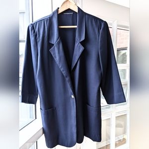Vtg Navy Blazer. Silver Nautical Single Button Closure. Shoulder Pads, Sz 16P.